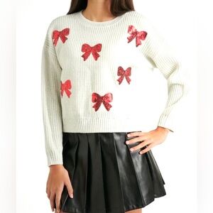 🆕🎀 JUSTICE White Knit Sweater with Red Sequin Bows, Size XL (16/18p)